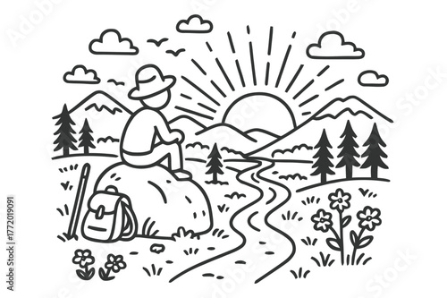 Sunset on the Trail. Sunset Contemplation. Hand-drawn doodle illustration Sunset Contemplation person on rock, sun setting, clouds, mountains, trees, river,