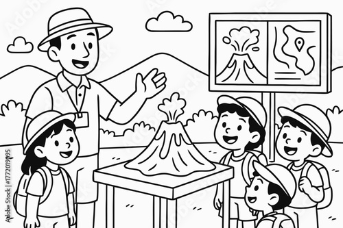 Volcano Field Trip Fun. Volcano field trip children?s coloring book illustration, outlined drawing, cheerful kids with a guide looking at a model volcano and
