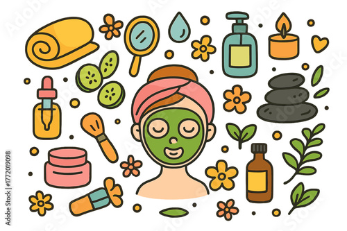 Children's Beauty Spa. beauty treatment. Colorful Hand-drawn doodle Children illustration beauty treatment face mask, cucumber slices, headband, towel, cream