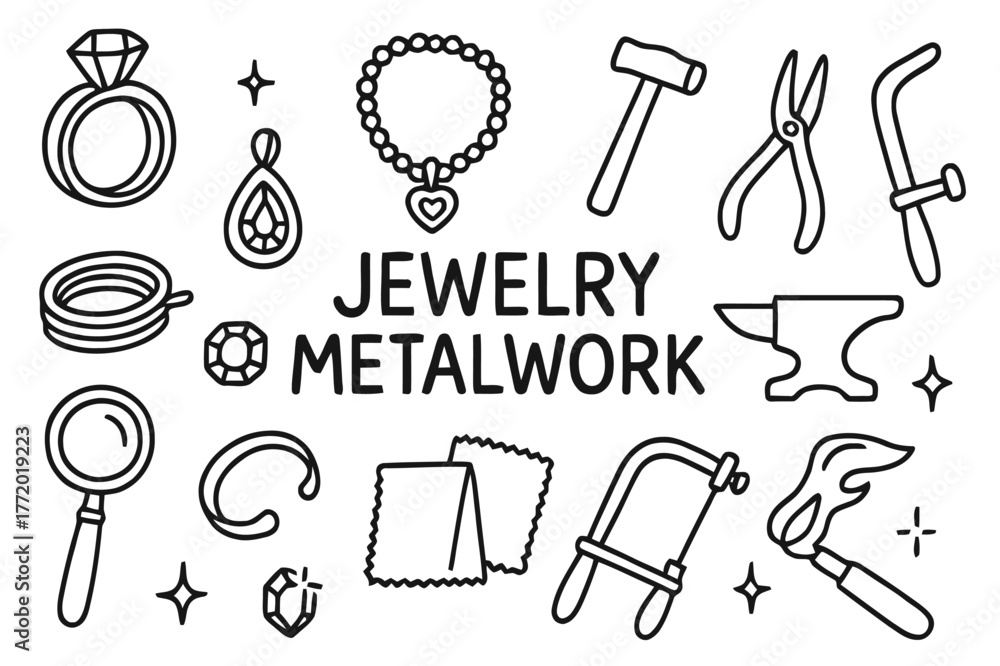 Obraz premium Jewelry Metalwork Tools. Jewelry metalwork. Hand-drawn doodle illustration jewelry metalwork ring, necklace, hammer, pliers, anvil, wire, pendant, gemstone,