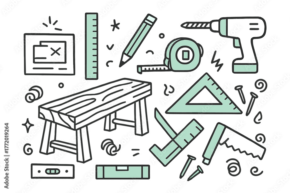 Fototapeta premium Carpentry Tools Doodle. // Carpentry measuring. Hand-drawn doodle illustration Carpentry measuring [wood plank, ruler (accented), tape measure (accented),