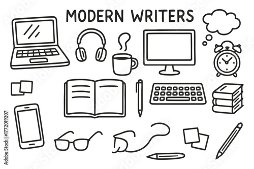 Writer's Desk Doodles. Modern writers. Hand-drawn doodle illustration modern writers laptop, keyboard, coffee mug, headphones, notebook, pen, smartphone,