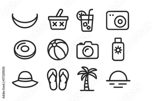 Summer Leisure Icons. Summer Leisure. Line icon set of Summer Leisure: hammock, picnic basket, iced tea glass, portable speaker, frisbee, beach ball, camera,