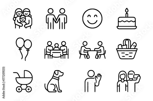 Family Icon Collection. Family and Friends. Line icon set of Family and Friends: group hug, holding hands, laughter face, birthday cake, balloons, shared meal,
