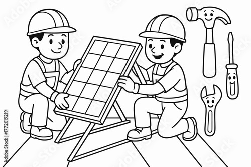 Solar Panel Safety Coloring. Installing solar panels safely children?s coloring book illustration, outlined drawing, two workers wearing helmets securing a