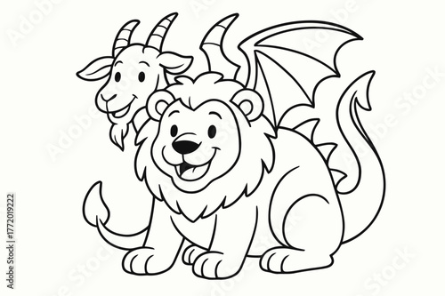 Friendly Chimera Coloring. Chimera children?s coloring book illustration, outlined drawing, a friendly mythical creature combining a lion, goat, and dragon