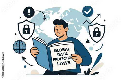 Global Data Privacy Scene. Online privacy laws and their global implications. Person reading global data protection laws with abstract floating world map,