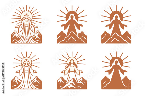 Ancient Deity Emblems. Ancient gods and goddesses in a mystical landscape. Set Logo of Ancient gods and goddesses in a mystical landscape: Amaterasu rising