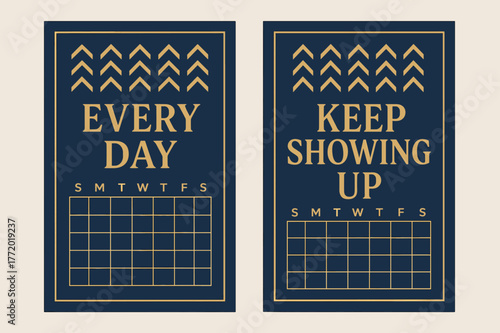 Navy Gold Motivation Banners. Consistency. Two vertical A6 banners with safe margins, centered composition, no elements touching edges, modern, navy and gold,