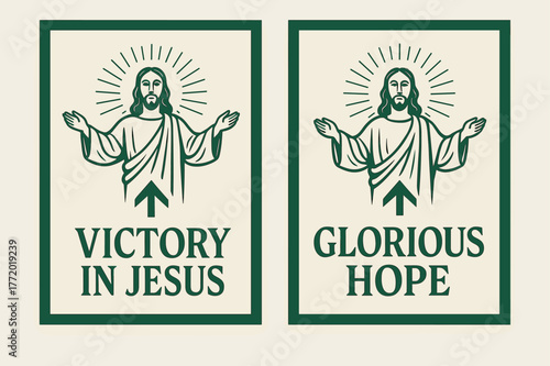 Risen Lord Banners. Risen Lord. Two vertical A6 banners with safe margins, centered composition, no elements touching edges, modern, emerald and ivory, upward