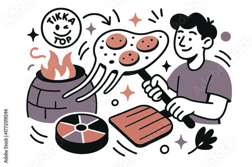 Naan Pizza Delight. Naan pizza night. A tandoor glow warms fluffy naan as cheese ribbons stretch; ?Tikka top? sticker winks. A spice tray spins like a color