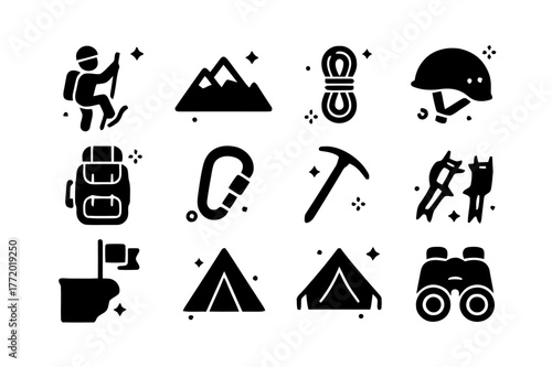 Mountain Climbing Icons. Mountain Climbers. Solid icons set of Mountain Climbers: climber, mountain, rope, helmet, backpack, carabiner, ice axe, crampons,