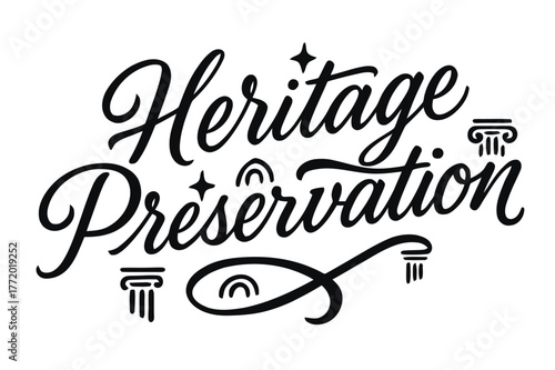 Heritage Preservation Artistry. Script Hand-Lettering ? "Heritage Preservation" in flowing brush script, semi-cursive with fluid strokes, slight upward tilt to