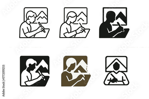 Creative Logo Variations. Working on a digital illustration. Set Logo of Working on a digital illustration: Reference images board window. Icon set. harmonious