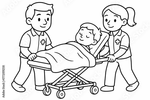 Paramedic Stretcher Coloring. Safe stretcher transport children?s coloring book illustration, outlined drawing, paramedics carefully wheeling a patient on a