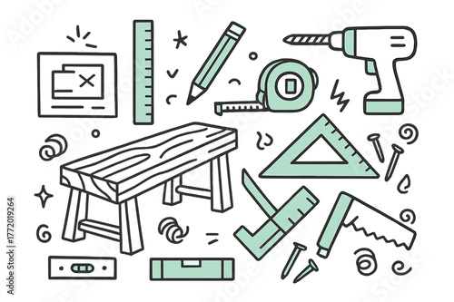 Carpentry Tools Doodle. // Carpentry measuring. Hand-drawn doodle illustration Carpentry measuring [wood plank, ruler (accented), tape measure (accented),