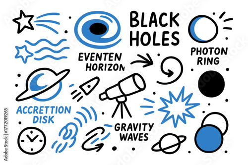 Black Holes Illustrated. // Black holes. Hand-drawn doodle illustration Black holes [event horizon (accented), accretion disk (accented), photon ring