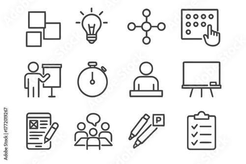 Workshop Icons Grid. Workshop and Brainstorming. Line icon set of Workshop and Brainstorming: sticky notes, idea lightbulb, mind map, dot voting, facilitator,