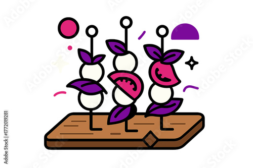Artistic Caprese Skewers. Caprese Skewers. Caprese skewers on a wooden board with floating abstract geometric shapes and soft glowing accents, vibrant and