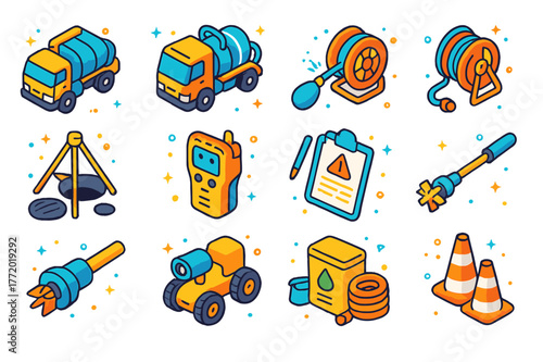 Sewer Maintenance Icons. Sewer maintenance operations. Colorful isometric vector icons set of Sewer maintenance operations: jetting truck, vacuum truck,