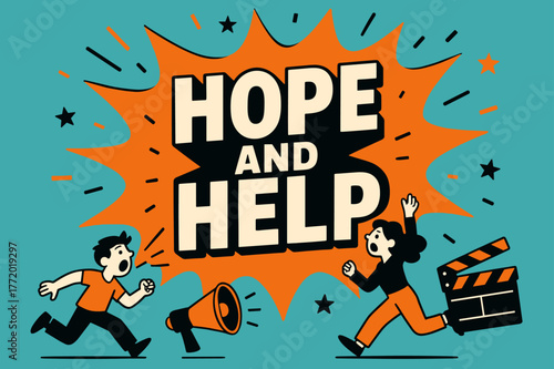 Hope and Help. Hope and Help banner, flat vector illustration, bold oversized text inside splash explosion banner, cartoon characters running and shouting
