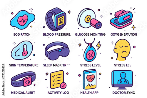 Colorful Health Wearables Icons. Health monitoring wearables. Colorful isometric vector icons set of Health monitoring wearables: ECG patch, blood pressure