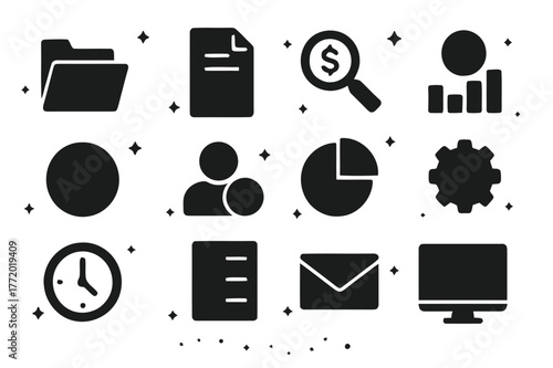 Salary Transparency Icons. Salary Transparency. Solid icons set of Salary Transparency: open folder, document, magnifying glass, bar chart, dollar sign,