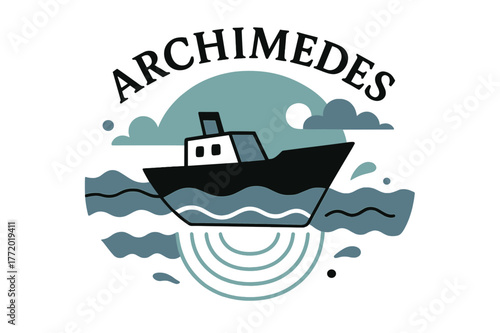 Ship Buoyancy Art. Boat Displacement at Sea. A ship hull cuts through stylized waves; volume lines beneath show buoyant displacement. Floating ?Archimedes?