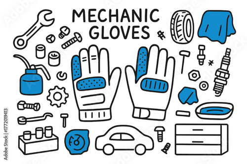 Mechanic Tools Doodle. // Mechanic gloves. Hand-drawn doodle illustration mechanic gloves [glove pair with grip pads (accented), ratchet wrench (accented),