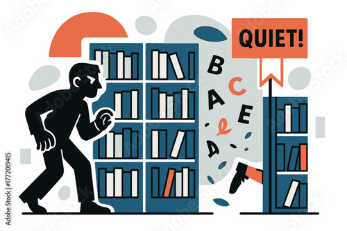 Library Seeker's Silhouette. Library Hideout. A seeker?s silhouette moves along tidy stacks while a bookmark flag whispers ?quiet!?. Floating letters scatter
