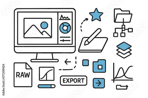 Doodle Editing Tools. Post-processing and editing. Hand-drawn doodle illustration post-processing and editing computer screen (accented), histogram, color