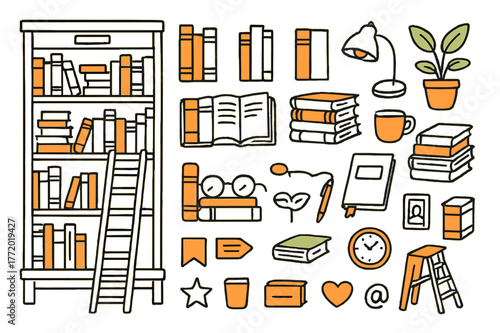 Colorful Bookshelf Display. Bookshelf display. Hand-drawn doodle illustration bookshelf (colored), hardcover books (colored), paperback books (colored), book