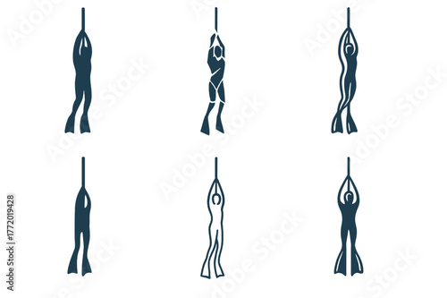 Freediving Logo Variations. Freediving. Set Logo of Freediving: diver along descent line. harmonious logo variations of the same emblematic concept, each with