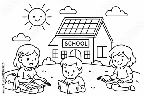 Solar School Coloring Page. Solar-powered school children?s coloring book illustration, outlined drawing, a school building with rooftop panels and children
