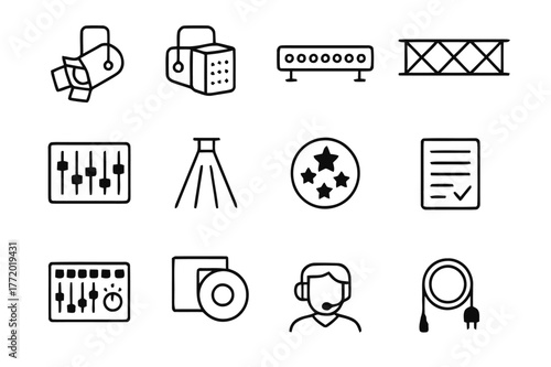Stage Lighting Icons. Stage Lighting. Line icon set of Stage Lighting: spotlight, floodlight, LED bar, rig truss, dimmer board, light beam, gobo pattern,