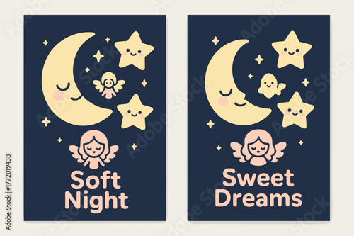 Kawaii Midnight Banners. Gentle Midnight. Two vertical A6 banners with safe margins, centered composition, no elements touching edges, kawaii, navy and pastel