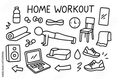 Home Workout Essentials. Home workout. Hand-drawn doodle illustration home workout yoga mat, water bottle, dumbbells, push-up pose, resistance band, chair,