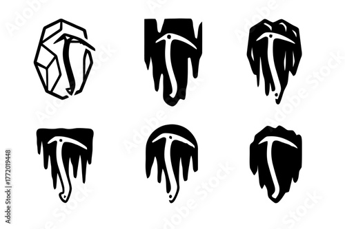 Ice Climbing Logos. Ice climbing. Set Logo of Ice climbing: ice axe on frozen wall. harmonious logo variations of the same emblematic concept, each with