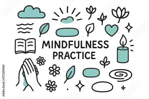 Mindfulness Elements Doodle. // Mindfulness practice. Hand-drawn doodle illustration Mindfulness practice [clasped hands (accented), candle (accented),
