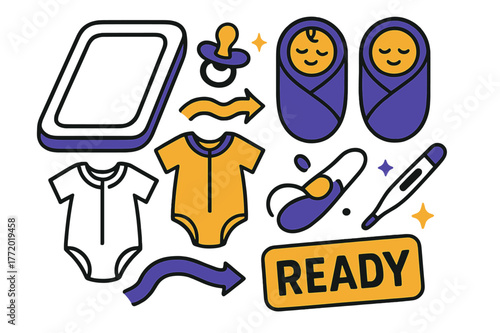 Newborn Essentials Grid. Newborn essentials. A changing mat, swaddles, and tiny onesies click into a tidy grid; ?Ready? stamp pops. A pacifier and thermometer