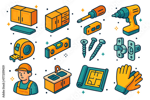 Colorful Kitchen Icons. Kitchen installation. Colorful isometric vector icons set of kitchen installation: upper cabinets, lower cabinets, screwdriver, drill,