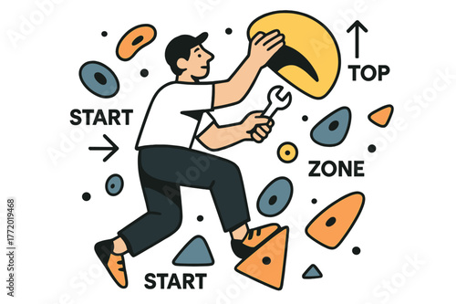 Route Setting Artistry. Route Setter at Work. A wrench spins as a setter places a bright sloper; arrows label ?Start / Zone / Top.? Holds float in a playful