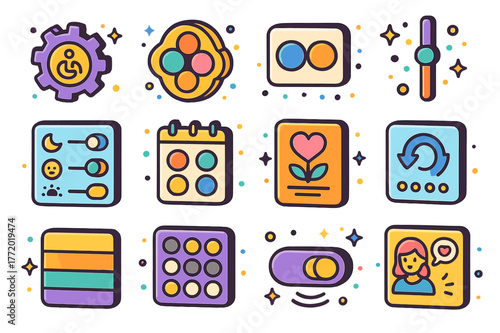 Inclusive Game Design Icons. Inclusive game design for wellbeing. Colorful isometric vector icons set of Inclusive game design for wellbeing: accessibility