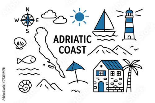 Adriatic Coast Doodle. // Adriatic coast. Hand-drawn doodle illustration Adriatic coast [coastal map (accented), sailboat (accented), lighthouse (accented),