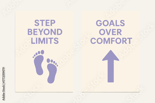 Step Beyond Limits. Step beyond limits. Two vertical A6 banners with safe margins, centered composition, no elements touching edges, minimal, lavender and