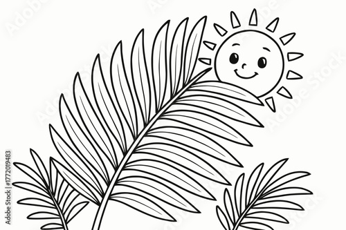 Palm Coloring Page. Palm leaves close-up children?s coloring book illustration, outlined drawing, a big palm leaf with detailed fronds and a smiling sun