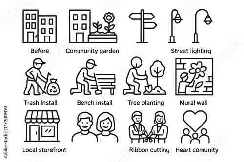 Neighborhood Icon Set. Neighborhood Revitalization. Line icon set of Neighborhood Revitalization: before after buildings, community garden, wayfinding sign,