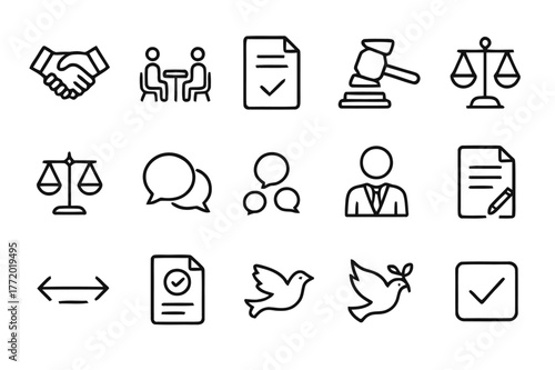 Dispute Resolution Icons. Dispute Resolution. Line icon set of Dispute Resolution: handshake, mediation table, agreement file, arbitration gavel, scale,