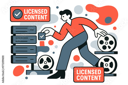 Content License Management. Television licensing and regulations ? Archival footage storage. Rows of drives and reels; icons of ?LICENSED CONTENT? labels