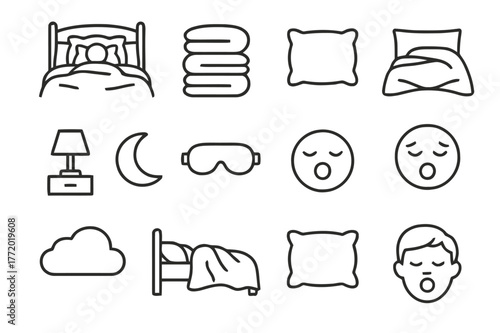 Cozy Sleep Icons. Soft, Fluffy Pillows Surrounding Someone in Bed. Line icon set of Soft, Fluffy Pillows Surrounding Someone in Bed: bed frame, headboard,